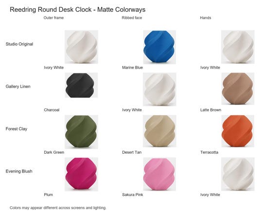 Reedring Round Desk Clock matte colorway guide showing four named combinations with exact component and color assignments.
