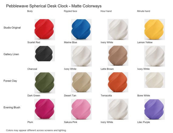 Pebblewave Spherical Desk Clock matte colorway guide showing four named combinations with exact component and color assignments.