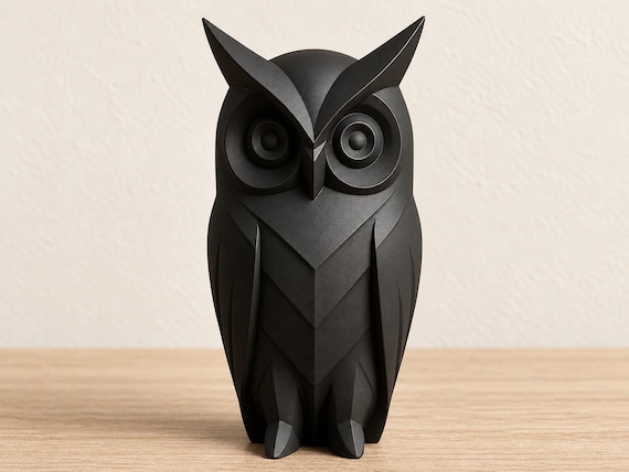 Charcoal owl sculpture, close-up front view on pale oak against an ivory wall.