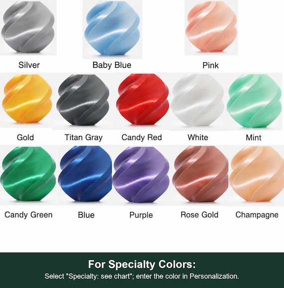 Complete labeled silk color reference showing all available custom color choices. For Specialty Colors: Select "Specialty: see chart"; enter the color in Personalization.