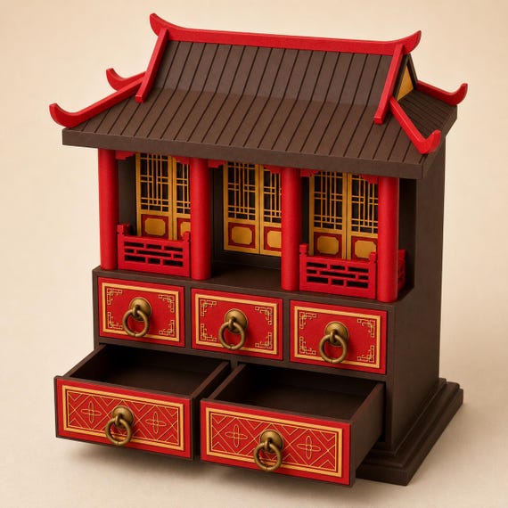 Heritage Brown pavilion chest from a high left angle with both wide lower drawers open and three smaller drawers closed
