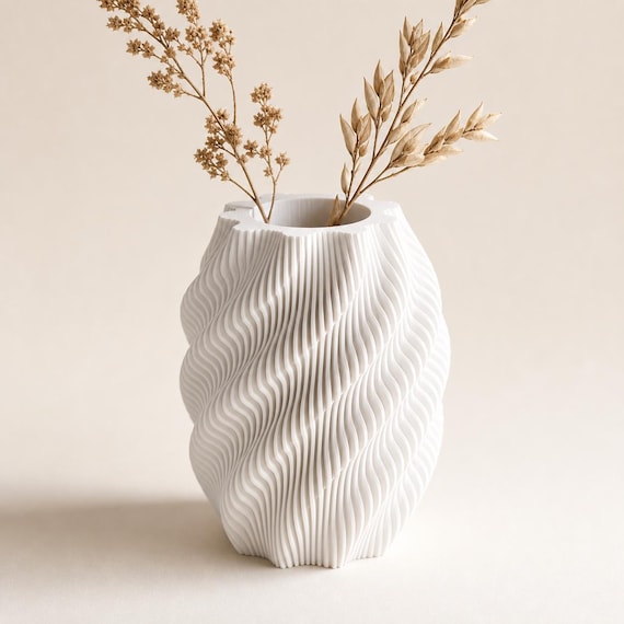 Quietflow Sculptural Wave Vase, Modern Textured Flower Holder, Organic Ribbed Home Decor, 5 Sizes, 30 Colors