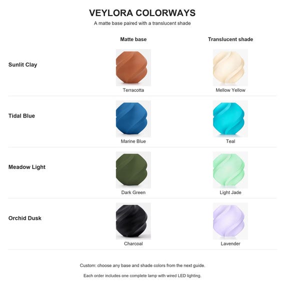 Veylora colorway chart showing exact matte base and translucent shade color pairs for four coordinated palettes.