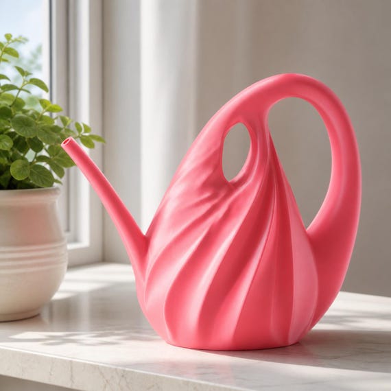Low three-quarter close-up of the small TideArc sculptural watering can in Pink