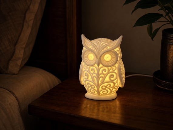 Nocturne Crest Owl Lamp, Ornamental Bird Night Light, Warm Wired USB LED, Gothic Woodland Decor, 25 Matte Colors