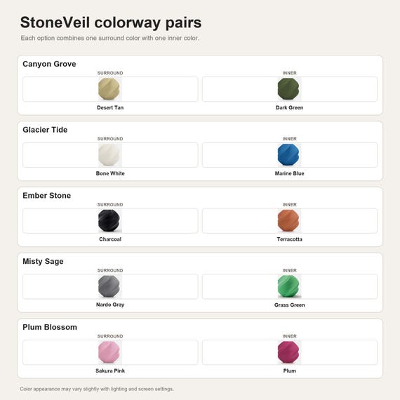 StoneVeil colorway pairs showing the exact colors used in each selectable option