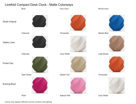 Linefold Compact Desk Clock matte colorway guide showing four named combinations with exact component and color assignments.