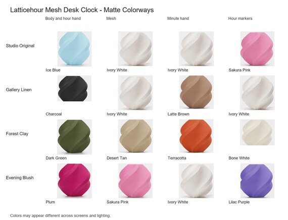 Latticehour Mesh Desk Clock matte colorway guide showing four named combinations with exact component and color assignments.