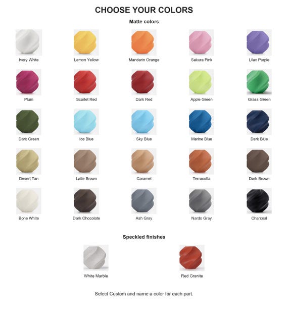 Complete labeled color guide showing all twenty-five matte colors, White Marble and Red Granite on a white background.