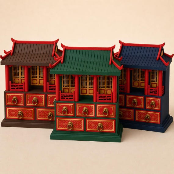 Golden Eaves Pavilion Keepsake Chest, Five Drawer Jewelry Box, Chinese Style Desk Organizer, Decorative Storage