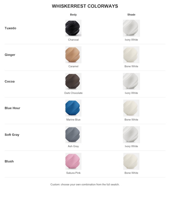 Whiskerrest named colorways with exact labeled supplier color samples for body and shade.