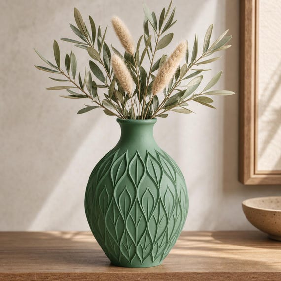 CanopyMuse Leaf Relief Vase, Sculptural Botanical Flower Vase, Organic Modern Shelf Decor, 3 Sizes, 30 Basic Colors