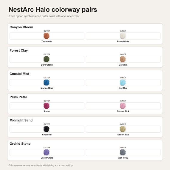 NestArc Halo colorway pairs showing the exact colors used in each selectable option