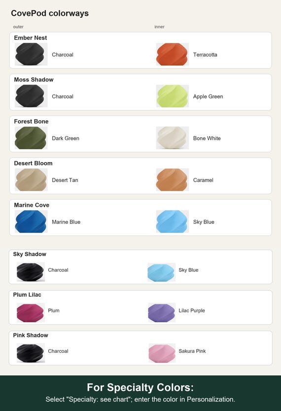 Named colorway chart with photographed combinations, component colors, and Specialty selection instructions.