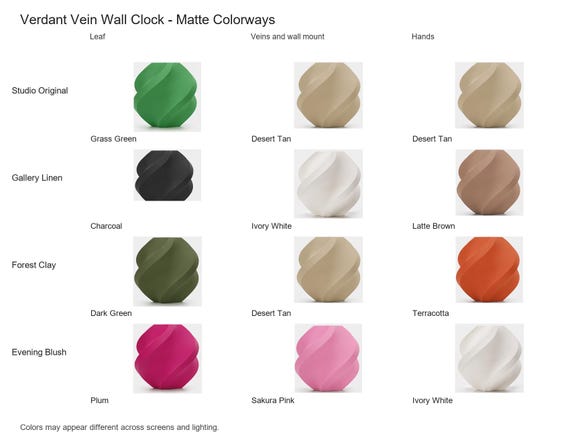 Verdant Vein Wall Clock matte colorway guide showing four named combinations with exact component and color assignments.