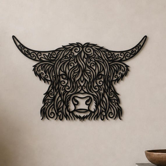 Ornate Highland Cow Filigree Wall Art, Ornate Animal Wall Decor, 12 Inch Unframed Sculpture
