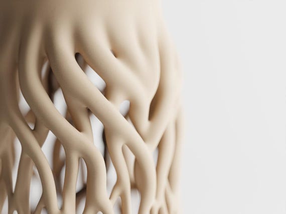 Macro close-up of the Rootveil vase branch lattice and fine matte surface texture