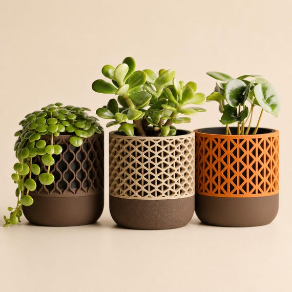 Close-up of the LatticeHaven planter trio in the Desert Warmth Standard colorway