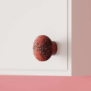 May include: A round cabinet knob with a textured, brain-like pattern in shades of deep red and black. The knob is mounted on a flat, white surface. The design features intricate, winding grooves that create a high-contrast, organic appearance.