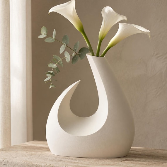 Solstice Arc Sculptural Vase, Crescent Openwork Flower Vase, Organic Modern Decor, Japandi Statement Piece, 25 Matte Colors