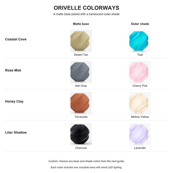 Orivelle colorway chart showing exact matte base and translucent outer shade pairs for four coordinated palettes.