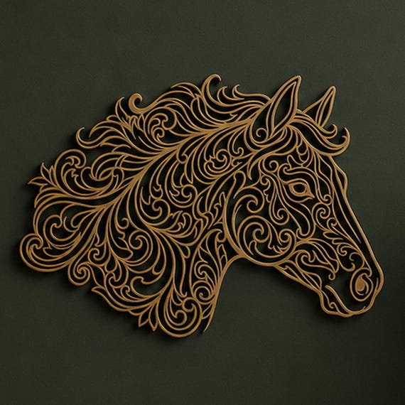 Close-up of Ornate Horse filigree wall art in Cobalt Blue in a contrasting room