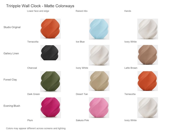 Triripple Wall Clock matte colorway guide showing four named combinations with exact component and color assignments.