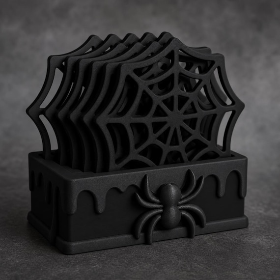 WebWarden Gothic Spider Coaster Set with Holder, Spiderweb Drink Coasters, Halloween Table Decor, Set of 5, 30 Colors