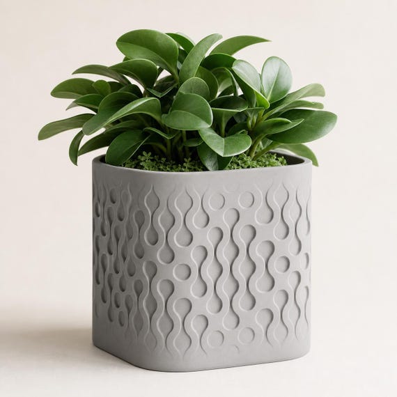 Tidecell Sculptural Planter, Rounded Square Indoor Plant Pot, Droplet Wave Texture, Modern Houseplant Holder, 25 Matte Colors