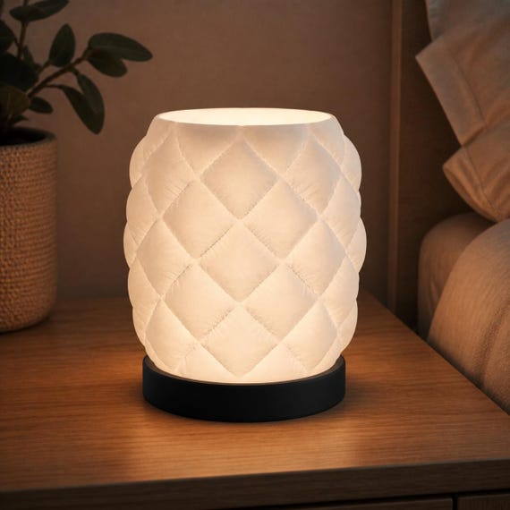 CushionHalo quilted night light with White shade, Black base, and cordless Battery Tea Light