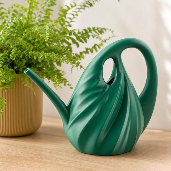 Close-up of the standard TideArc long-spout watering can in Mistletoe Green beside a fern