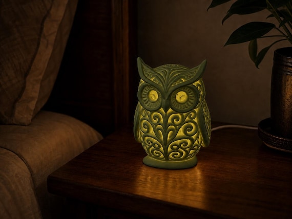 Dark Green Nocturne Crest owl lamp with raised ornamental relief and warm glow