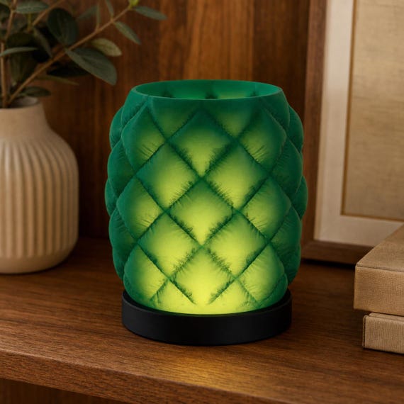 CushionHalo quilted accent lamp with Mistletoe Green shade, Black base, and Battery Tea Light