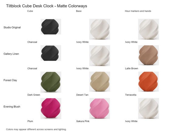 Tiltblock Cube Desk Clock matte colorway guide showing four named combinations with exact component and color assignments.