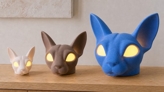 Small Beige, Medium Cocoa Brown, and Large Cobalt Blue VelvetGaze cat lamps