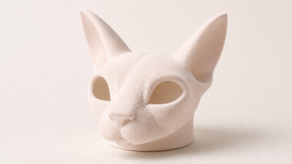 Unlit Beige VelvetGaze cat lamp showing its fine texture and smooth eye openings