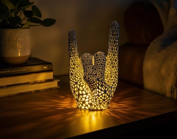 Voronoi Rock On Hand Accent Lamp: Music Room Decor, Custom Color Options, shown in an additional close-up listing view with visible shape and details.