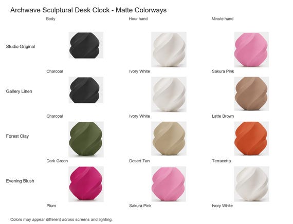 Archwave Sculptural Desk Clock matte colorway guide showing four named combinations with exact component and color assignments.