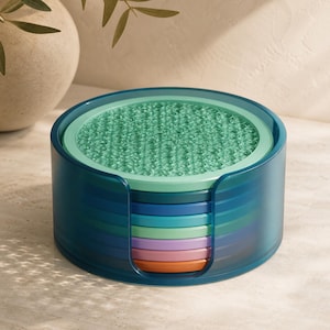Rippleglass Translucent Coaster Set with Holder, 8 Round Drink Coasters, Cellular Lattice Table Decor, Ocean Prism