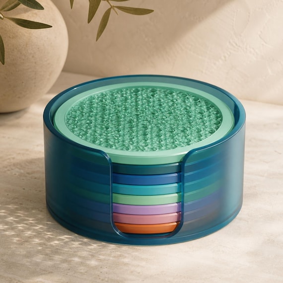 Rippleglass Translucent Coaster Set with Holder, 8 Round Drink Coasters, Cellular Lattice Table Decor, Ocean Prism