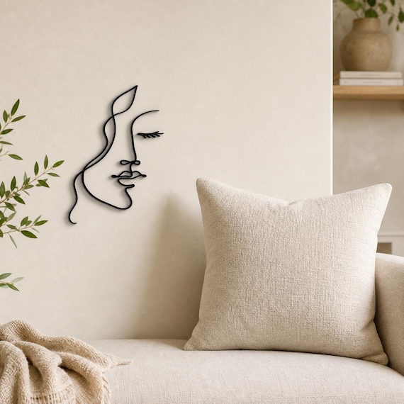 Leaf Woman Face Continuous Line Wall Art, 12 Inch Minimalist Wall Sculpture, Modern Home Decor, Custom Color