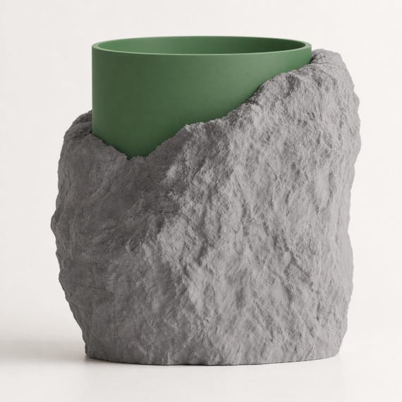 Misty Sage StoneVeil planter with Nardo Gray rugged surround and Grass Green inner planter