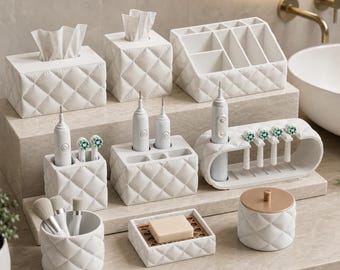 QuiltedCloud Bathroom Organizer Collection, Tissue Covers, Toothbrush Holders, Soap Dish, Makeup Storage, 9 Styles, 25 Matte Colors