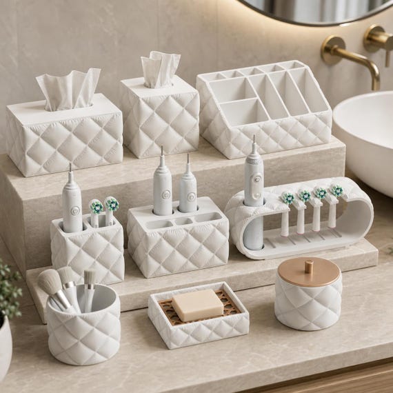 QuiltedCloud Bathroom Organizer Collection, Tissue Covers, Toothbrush Holders, Soap Dish, Makeup Storage, 9 Styles, 25 Matte Colors