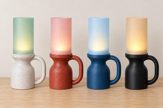 Four cordless Avelune lamps, left to right: Alpine Jade, Granite Blush, Coastal Blue and Amber Night, on a pale wood tabletop.