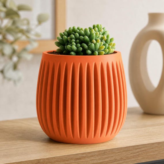 GrooveNest Vertical Fluted Planter, Modern Indoor Plant Pot, Ribbed Succulent Cachepot, Sculptural Desk Planter, 25 Matte Colors