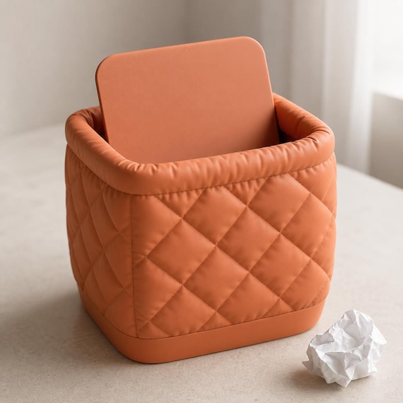 WovenCloud Sculpted Cloth Desktop Bin with Swivel Lid, Quilted Wastebasket, 3 Patterns, 2 Sizes, 25 Matte Colors