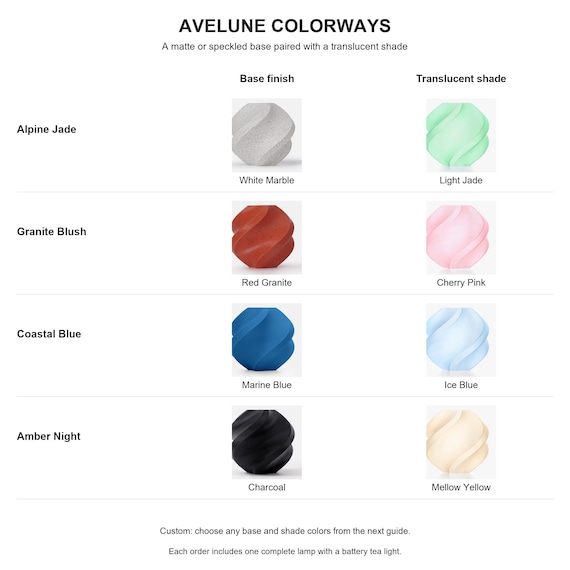 Avelune colorway chart pairing White Marble, Red Granite and matte base finishes with exact translucent shade colors.