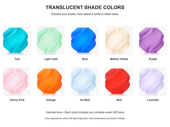 Ten labeled translucent shade color samples for the Veilcrest lamp, with a choice of white or black base.