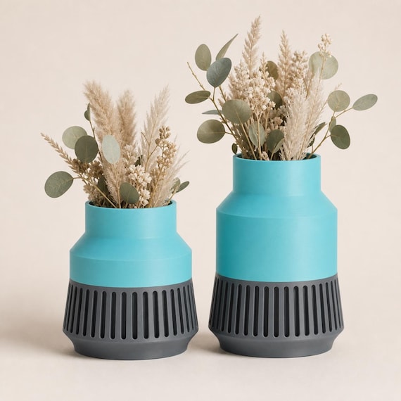 Close-up comparison of Compact and Tall StrataRise vases in Turquoise and Blue Grey